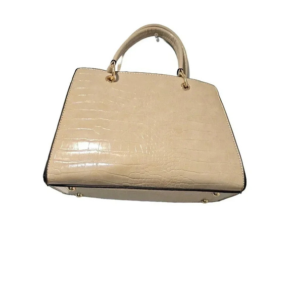 Beige Croc-Embossed Structured Handbag - Picture 2 of 12